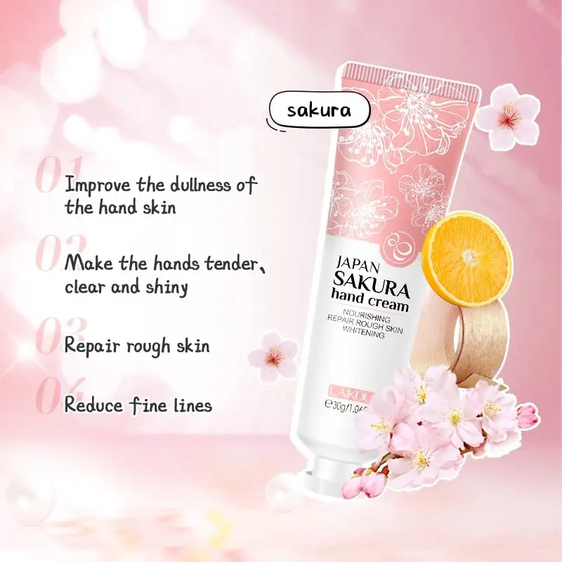 Close-up of Laikou Sakura Hand Cream 30g tube, showing a fresh dollop of white cream. - thumbnail