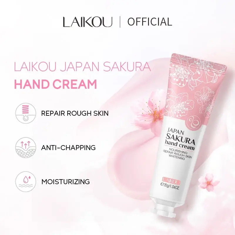 Hand applying Laikou Sakura Hand Cream 30g onto skin for moisturizing and softening. - thumbnail