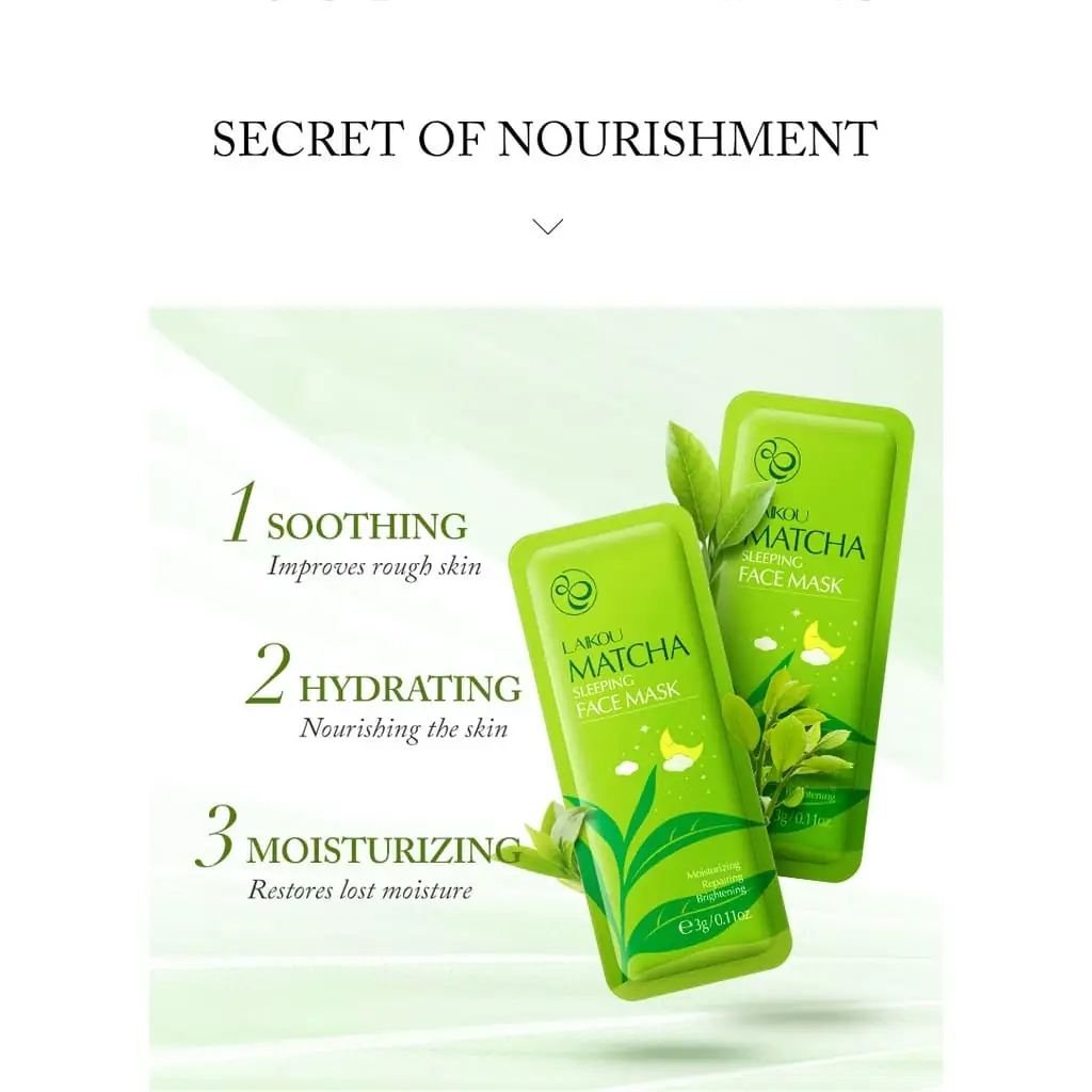 Laikou Matcha sleeping mask applied on a hand, showing smooth green gel texture. - thumbnail