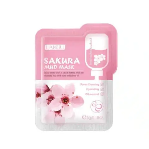 Laikou Sakura Mud Mask 5g pink sachet displaying cherry blossom graphics on a white background.