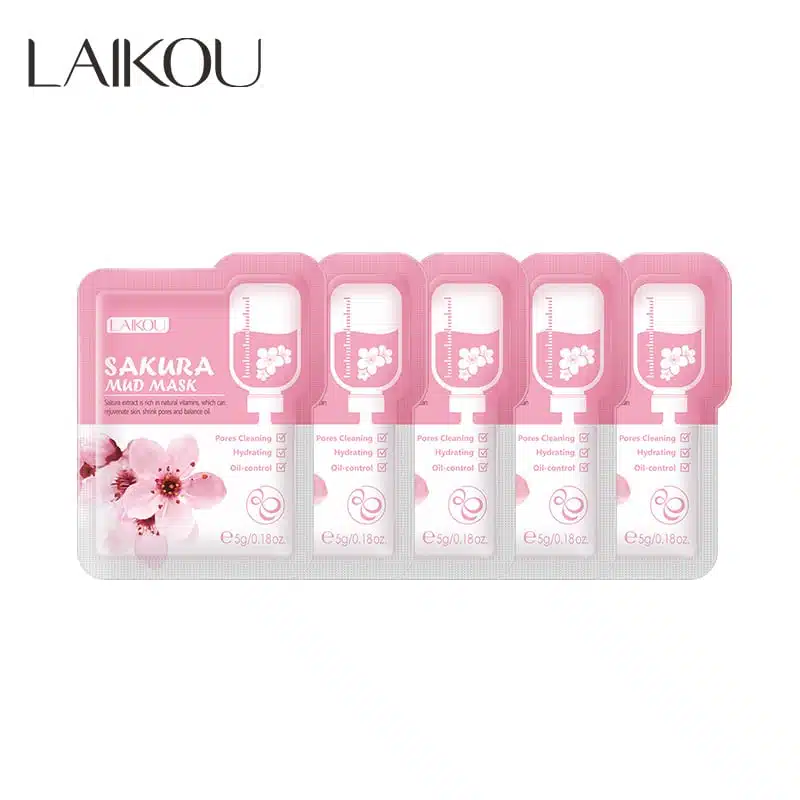 Five individual Laikou Sakura Mud Mask sachets with elegant cherry blossom packaging, ready for use. - thumbnail