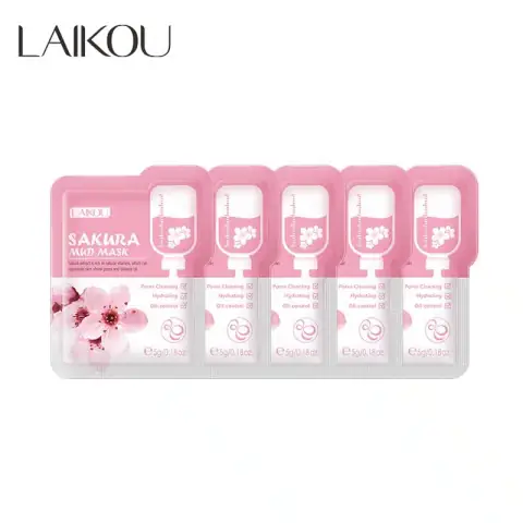 Five individual Laikou Sakura Mud Mask sachets with elegant cherry blossom packaging, ready for use.