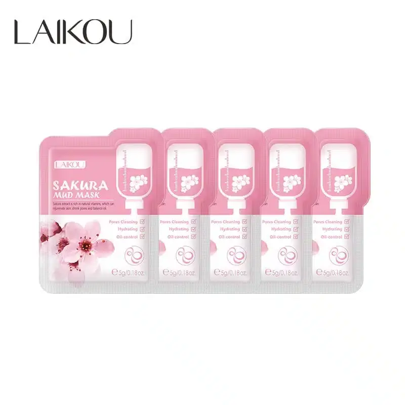 Detailed view of a single Laikou Sakura Mud Mask 5gm sachet, showcasing brand logo and pink floral design. - thumbnail