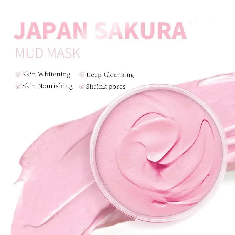 Open Laikou Sakura Mud Mask 90g jar, showing pink mud texture and applicator spatula. - thumbnail