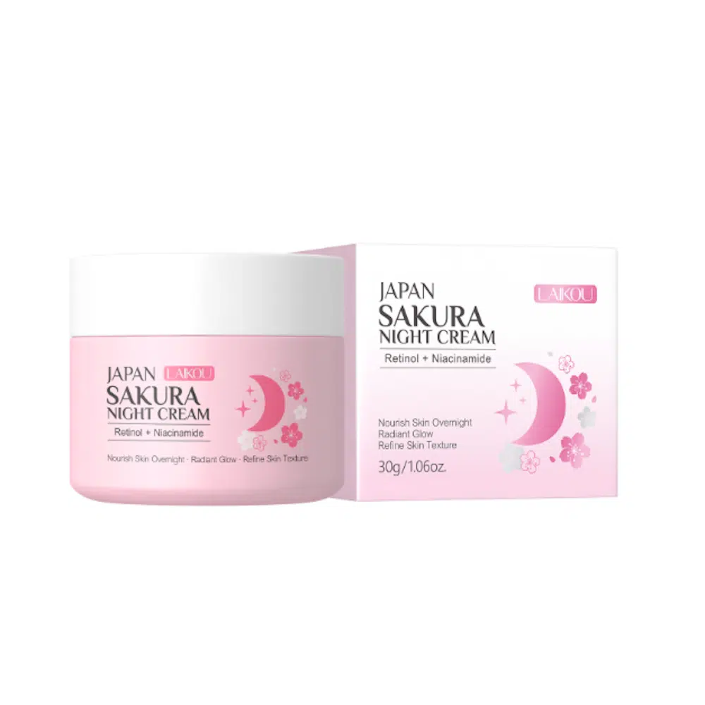 Pink Laikou Sakura Night Cream 30g jar featuring Retinol + Niacinamide, surrounded by delicate cherry blossoms. - thumbnail