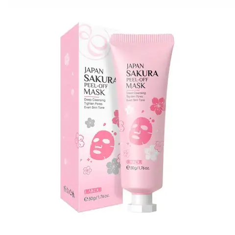 Front view of Laikou Sakura Peel Off Mask 50g pink tube with cherry blossom art.