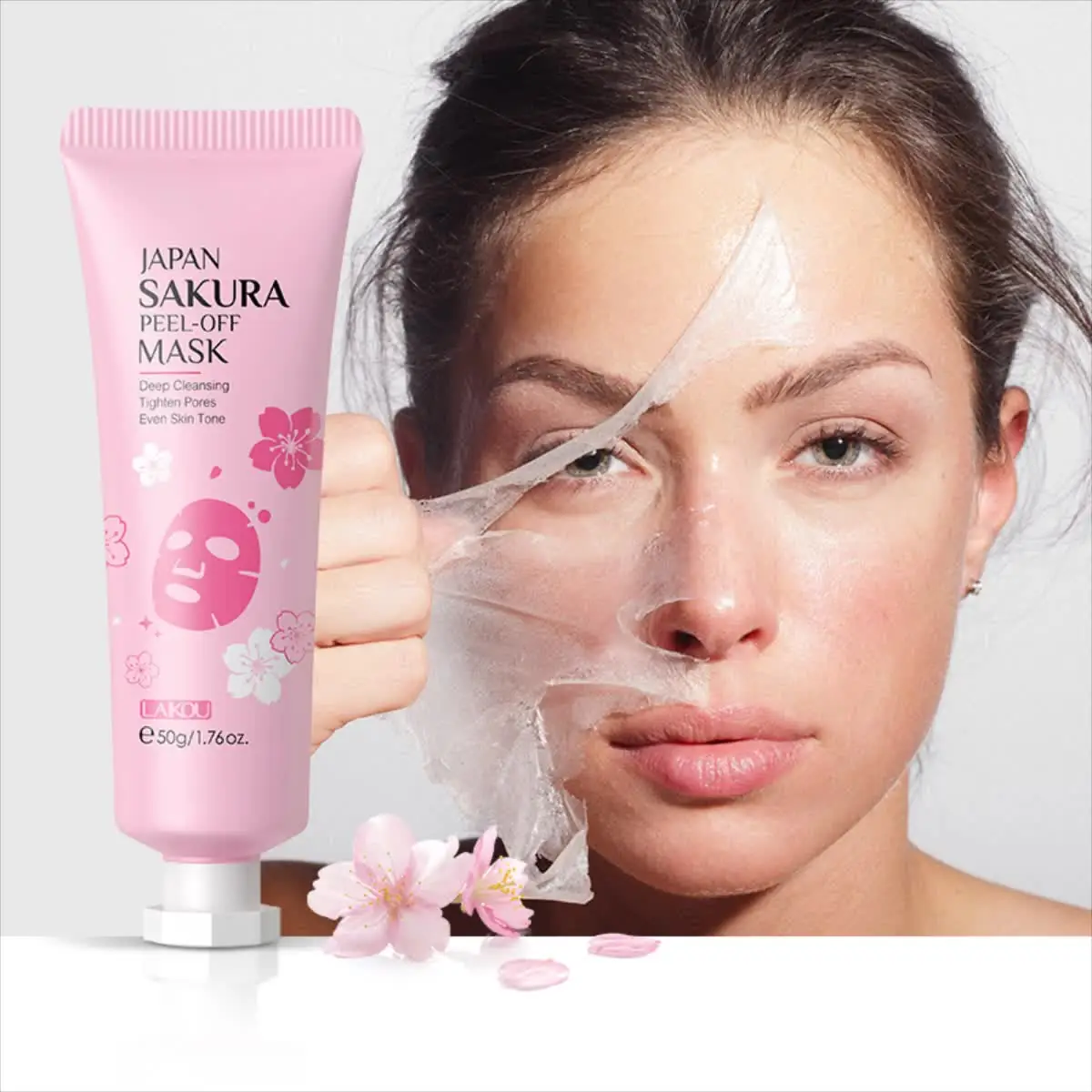 Side and back view of Laikou Sakura Peel Off Mask tube with product information. - thumbnail