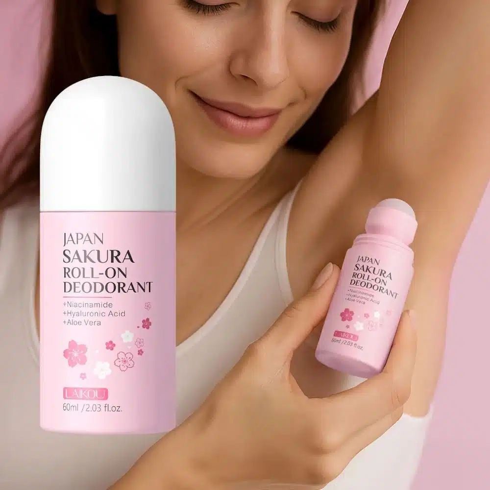 Front view of Laikou Sakura Roll-On Deodorant 60ml, featuring pink bottle with white cap. - thumbnail