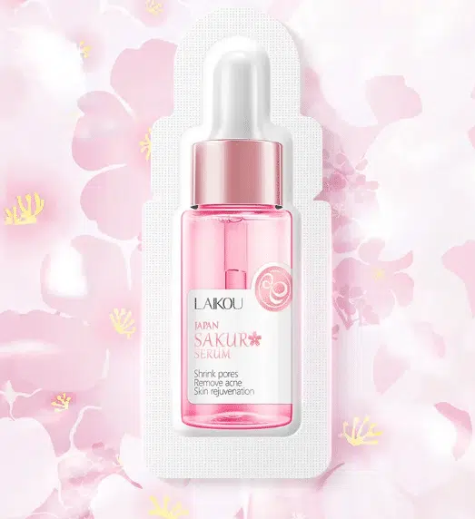 Laikou Sakura Serum 1ml mini vial, clear glass, pink label, white cap, standing upright.