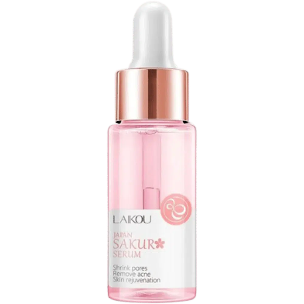 Laikou Japan Sakura Serum in a clear glass dropper bottle with pink liquid and shiny silver cap. - thumbnail