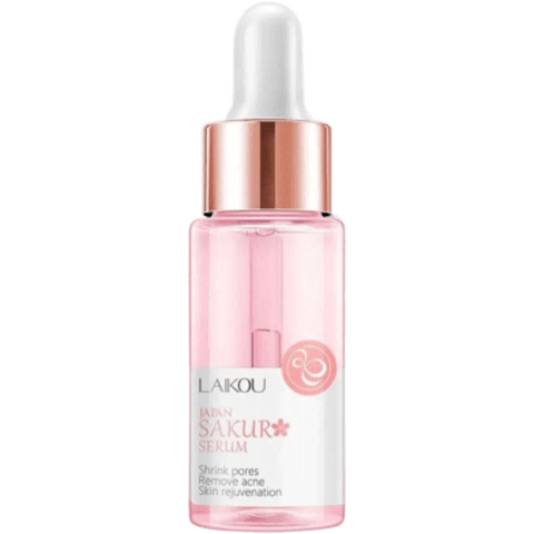 Laikou Japan Sakura Serum in a clear glass dropper bottle with pink liquid and shiny silver cap.