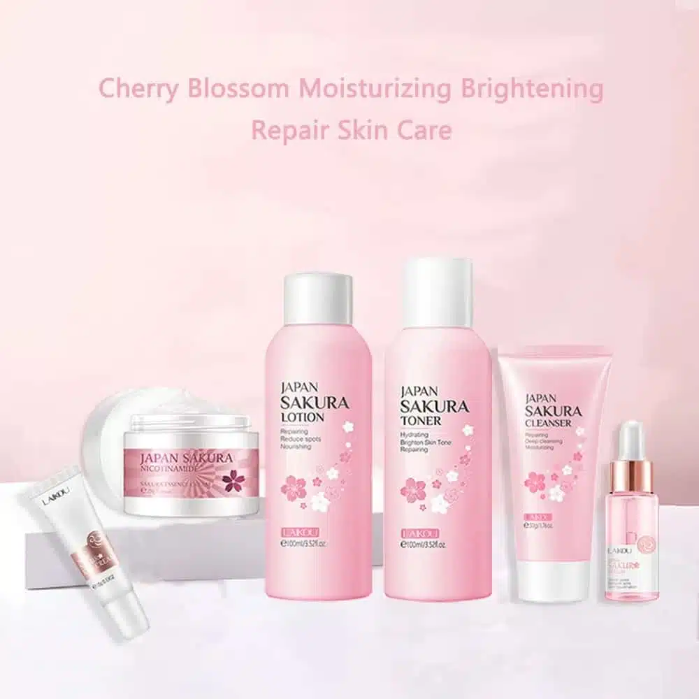 Laikou Sakura 6-piece skincare combo featuring pink and white cherry blossom packaging displayed upright. - thumbnail