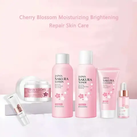 Laikou Sakura 6-piece skincare combo featuring pink and white cherry blossom packaging displayed upright.