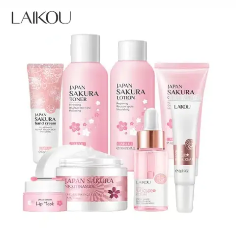Full Laikou Sakura 8-piece skin care combo set, featuring elegant pink bottles and jars.