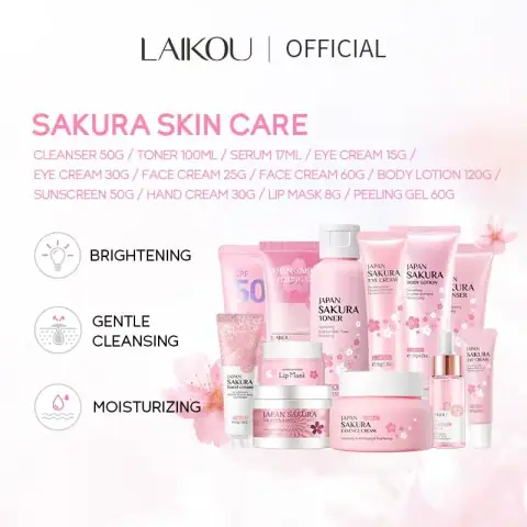 Full Laikou Sakura skin care series with elegant pink bottles, showing cleanser, serum, and cream.