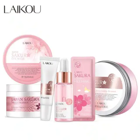 Full Laikou Sakura 6-piece skincare set with pink packaging and elegant cherry blossom design.