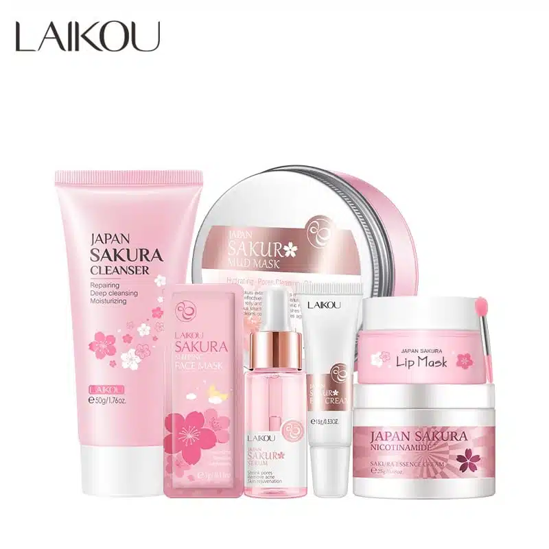 Laikou Sakura 7-piece skin care set featuring pink bottles with cherry blossom designs, neatly displayed. - thumbnail