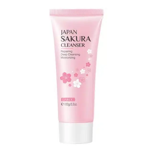 Close-up of Laikou Sakura serum and cream packaging, highlighting delicate pink cherry blossom artwork. - thumbnail