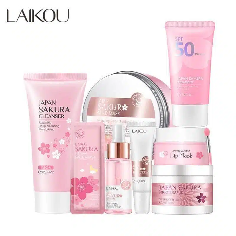 Complete Laikou Sakura 8-piece skincare set in elegant pink packaging, displayed with cherry blossoms. - thumbnail