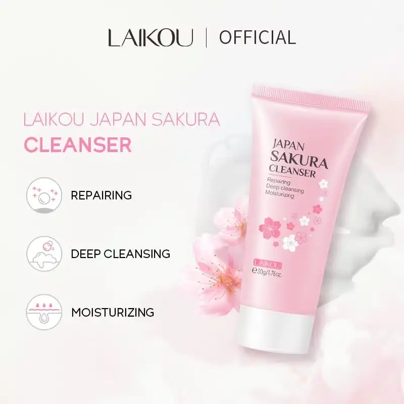 Close-up of Laikou Sakura cleanser and toner bottles, highlighting their delicate pink packaging. - thumbnail
