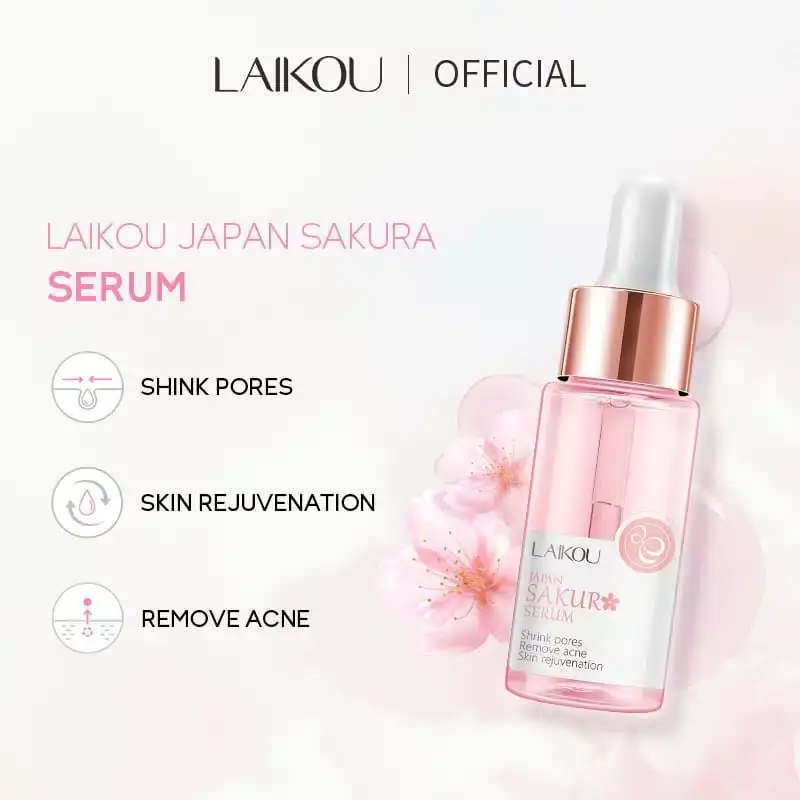 Laikou Sakura facial mask, cleanser, and lotion tubes standing upright, showcasing their designs. - thumbnail