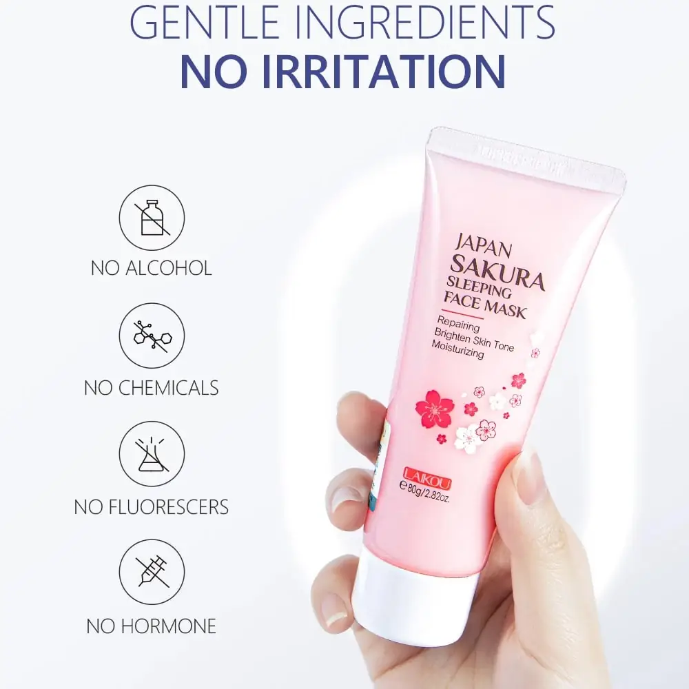 Close-up of Laikou Sakura Sleeping Mask 80g open jar showing pink gel texture with spatula. - thumbnail