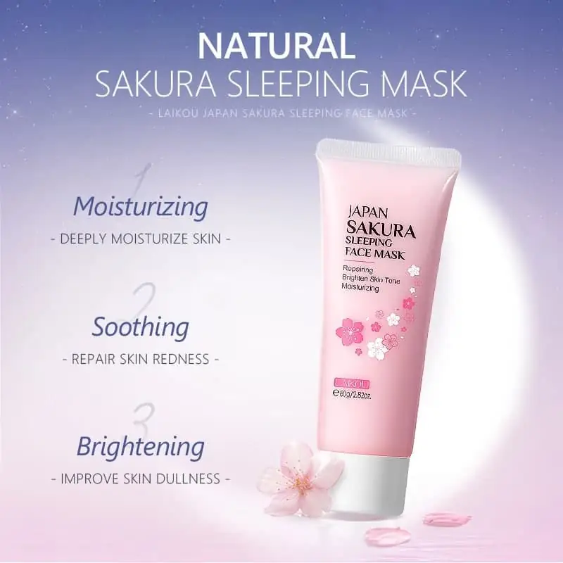 Laikou Sakura Sleeping Mask 80g pink jar and matching product box packaging, front view. - thumbnail