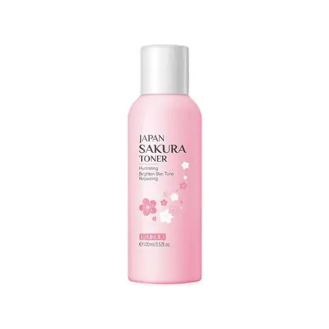 Laikou Sakura Toner 100ml bottle, clear with pink label featuring delicate cherry blossoms, standing upright.