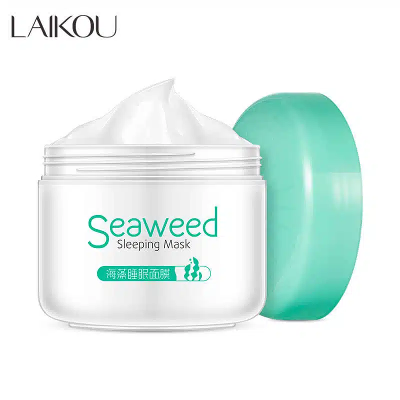 Laikou 120gm seaweed sleeping mask in clear tub with light green gel and white lid, featuring a spoon. - thumbnail