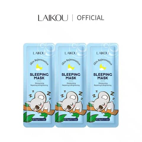 Three Laikou Skin Rejuvenation Sleeping Mask 3gm sachets, white with blue and pink design.