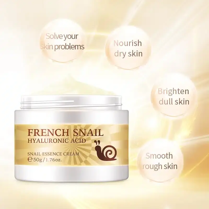 Open Laikou French Snail Essence Cream 50gm jar revealing white cream with spatula. - thumbnail