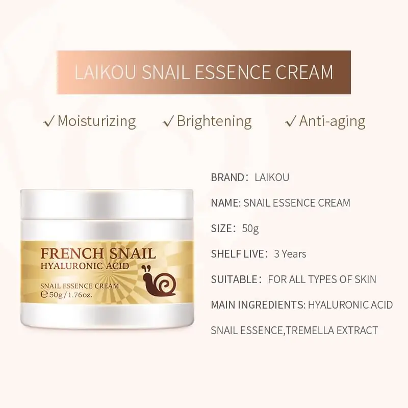 Hand applying white Laikou French Snail Essence Cream on skin, with open jar nearby. - thumbnail