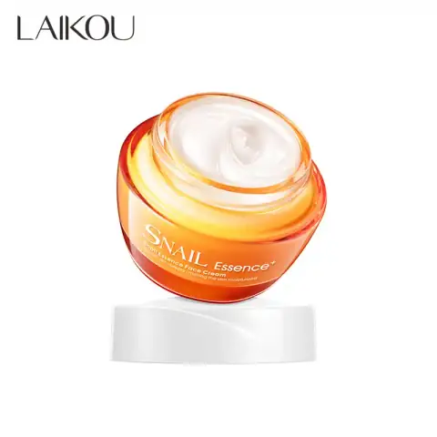 Laikou Snail Essence Face Cream 50g in clear glass jar with golden lid, front view.