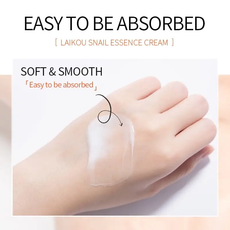 Laikou Snail Essence cream applied on skin, showing smooth moisturizing white texture. - thumbnail