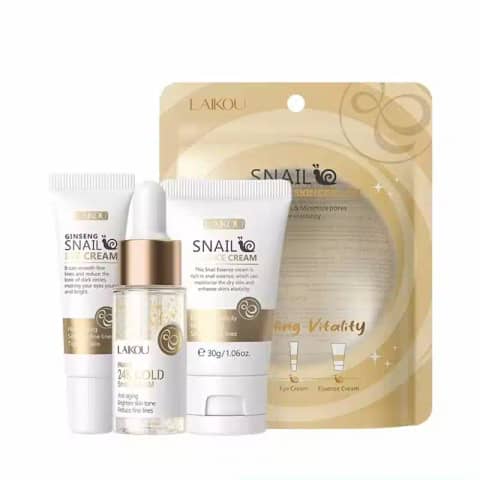 Laikou Snail Essence 3-piece moisturizing skincare travel kit with green bottles and gold caps.