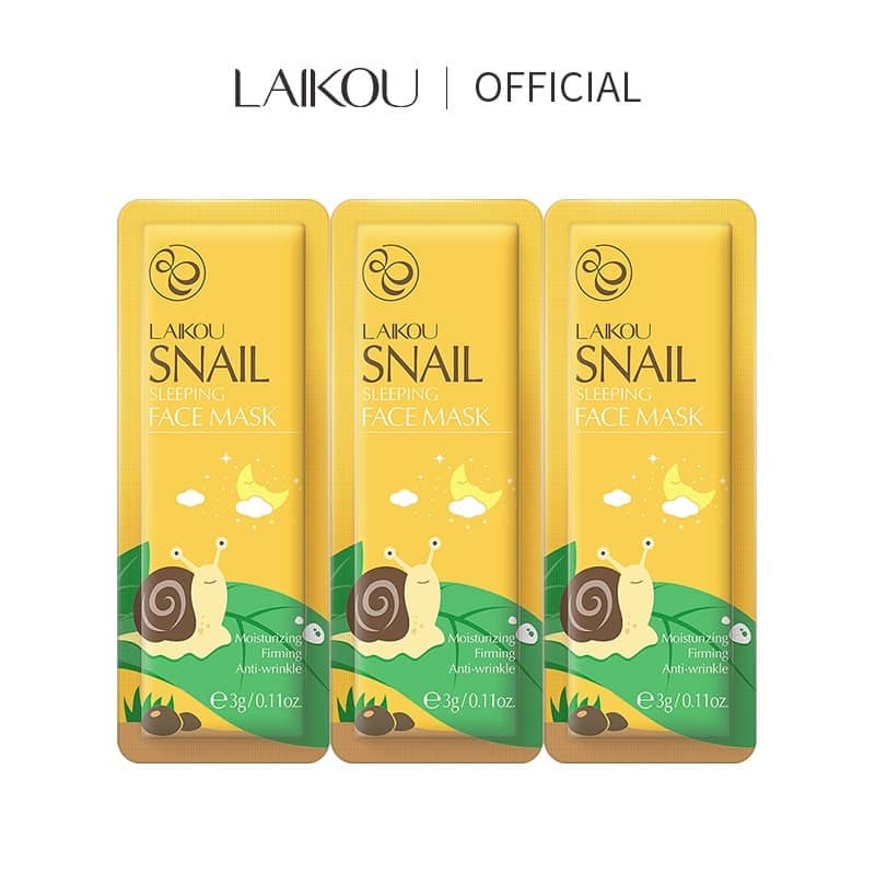 Three yellow Laikou Snail Sleeping Mask 3gm sachets, featuring a prominent snail illustration, displayed together. - thumbnail