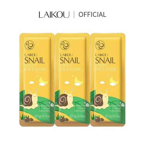 Three yellow Laikou Snail Sleeping Mask 3gm sachets, featuring a prominent snail illustration, displayed together.