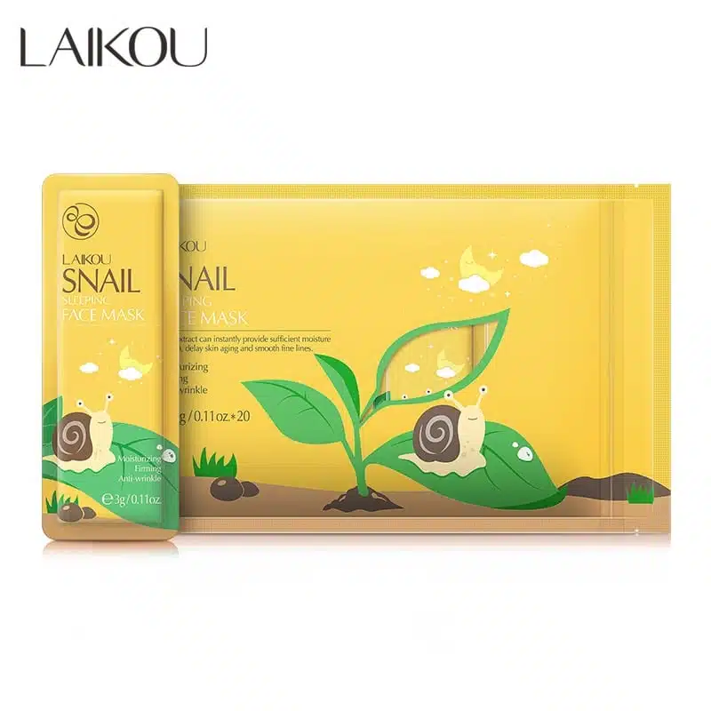 Laikou Snail Sleeping Mask 20-piece box with individual 3gm green sachets arranged on a white background. - thumbnail