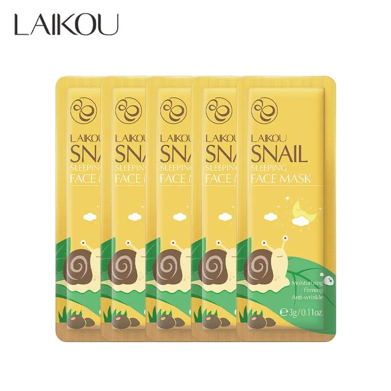 Five individual Laikou Snail Sleeping Mask sachets displayed, showcasing golden packaging and branding. - thumbnail