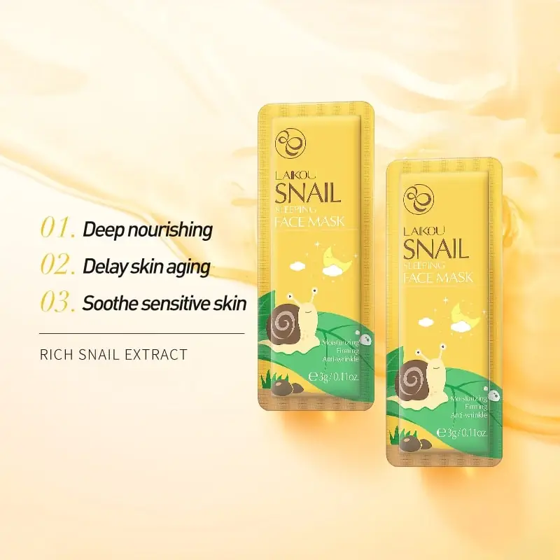 Five golden Laikou Snail Sleeping Mask sachets fanned out, emphasizing the full product packaging. - thumbnail
