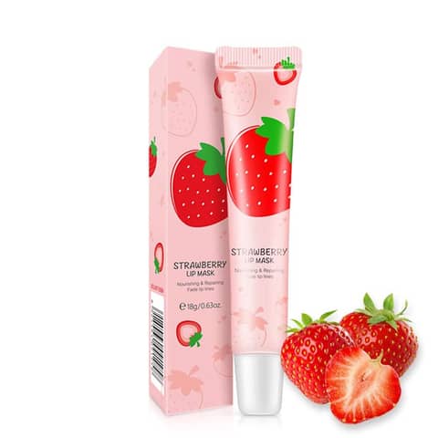 Laikou Strawberry Lip Mask in its round light pink jar with white lid and applicator, fresh strawberries nearby.