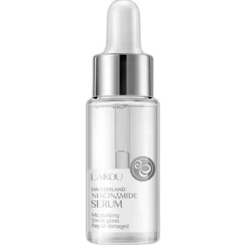 Front view of Laikou Switzerland Niacinamide Serum in a clear glass dropper bottle.