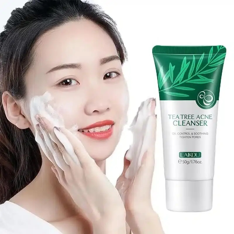Laikou Tea Tree Acne Cleanser 50gm tube, green and white packaging, front view. - thumbnail