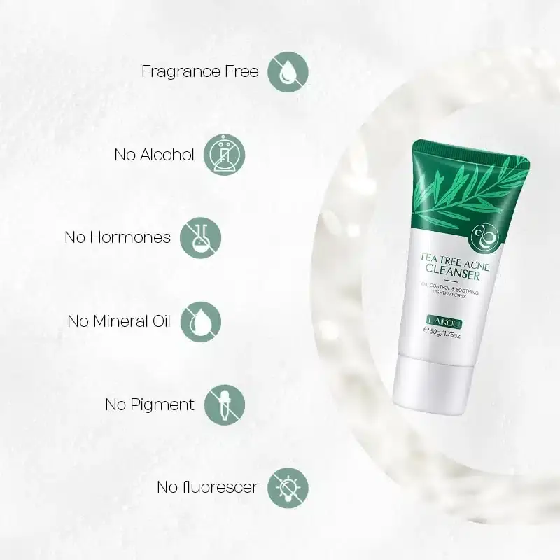 Laikou Tea Tree Acne Cleanser 50gm tube, back view, showing product details and ingredients. - thumbnail