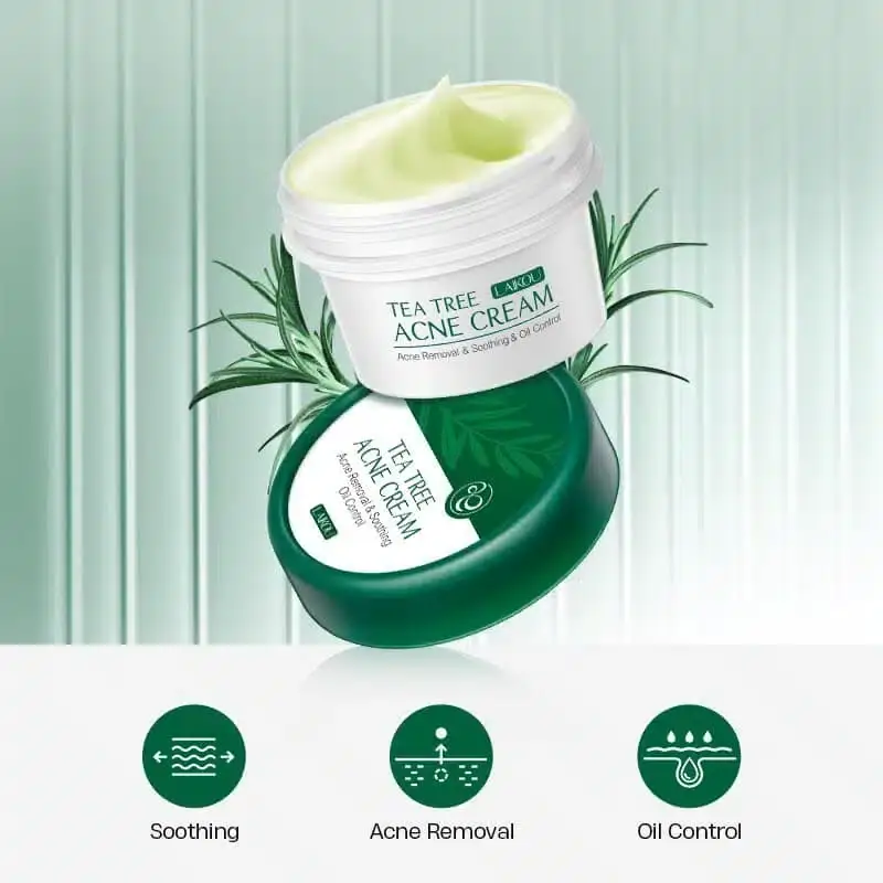 Close-up of open Laikou Tea Tree Anti-acne Cream jar revealing white texture with spatula. - thumbnail