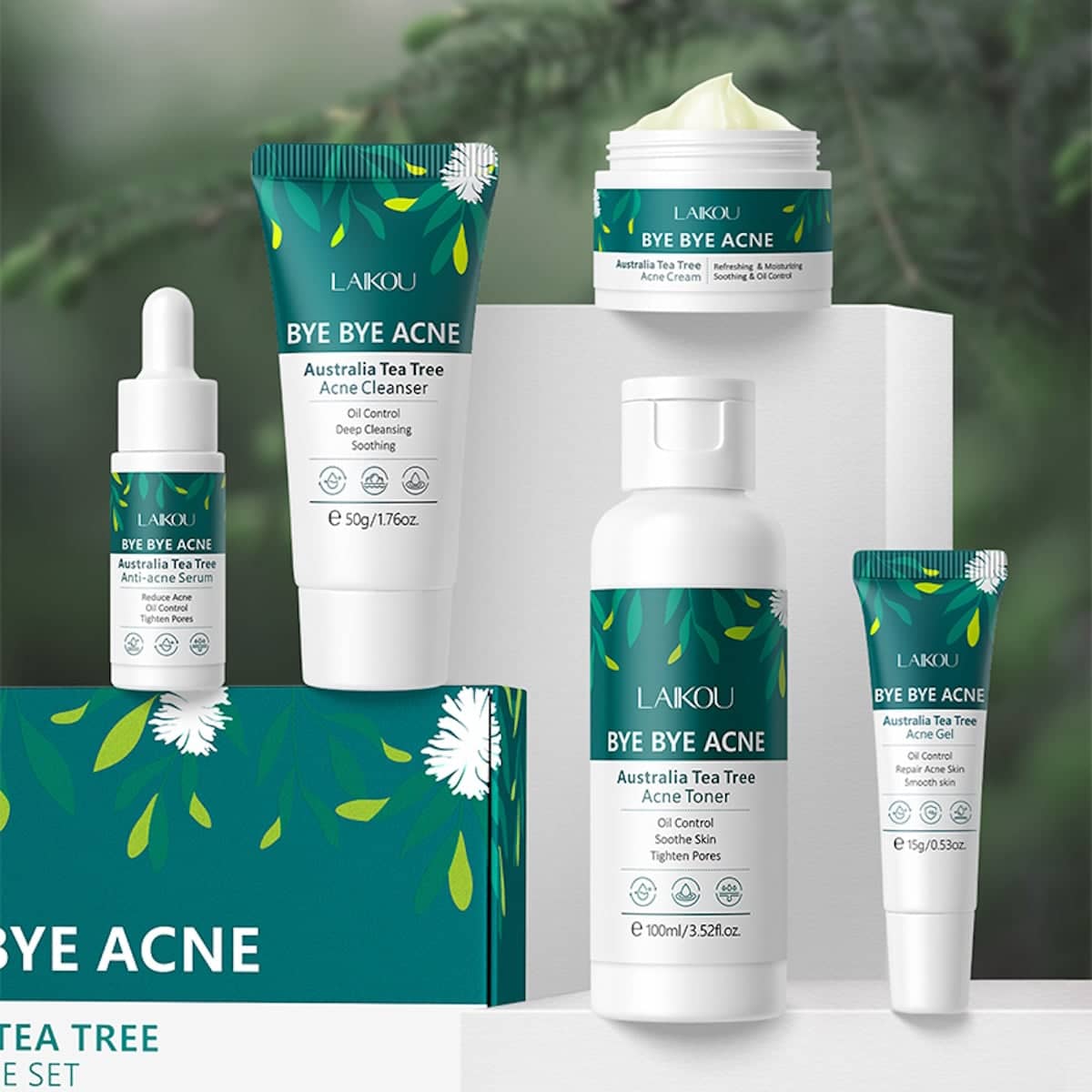 Laikou Tea Tree Bye Bye Acne 5-piece skincare set displayed upright with green and white packaging. - thumbnail