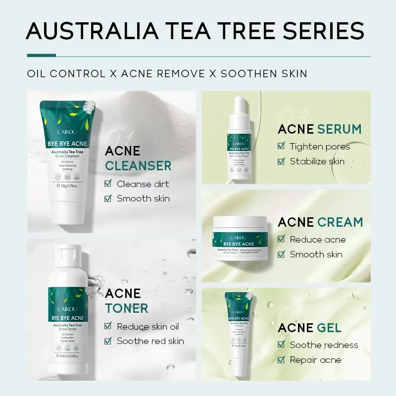 Laikou Tea Tree Bye Bye Acne 5-piece skincare set laid horizontally with natural tea tree leaves. - thumbnail