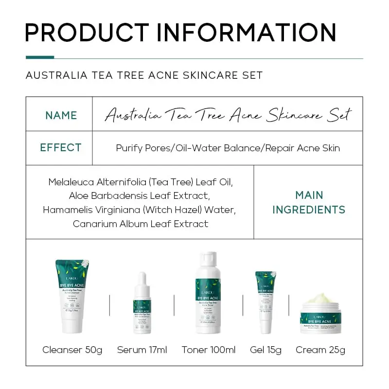 Close-up of Laikou Tea Tree Bye Bye Acne cleanser and toner bottles with green labels. - thumbnail
