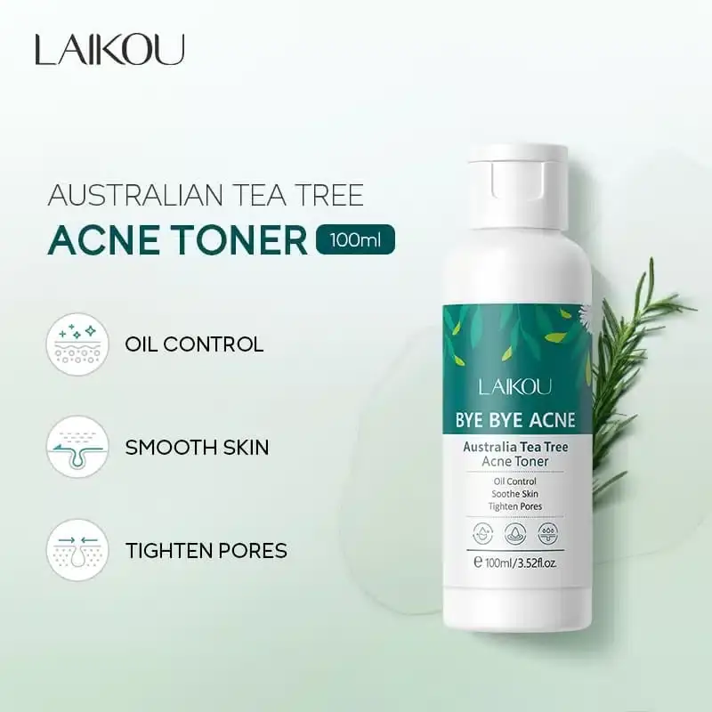 Two Laikou Tea Tree Bye Bye Acne Toner 100ml bottles, angled on a reflective surface. - thumbnail