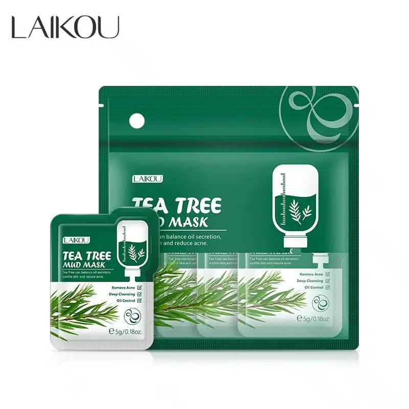 Laikou Tea Tree Mud Mask 12-pack carton, displaying individual green 5gm sachets spilling out. - thumbnail